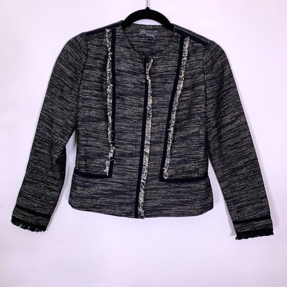 Vince Tweed Jacket 00 Zip Fringe Heather Black Gray Leather Trim V2876-90769 - Picture 1 of 7